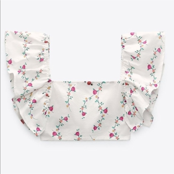 Zara Tops Zara White Floral Short Flutter Sleeves Crop Top Womens